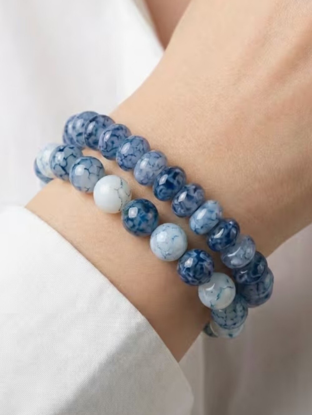 Blue and White  Bead Bracelet Set (2) NEW